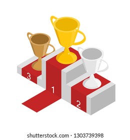 Gold silver and bronze cups in isometric veiw. The podium for the winners. Best reward for the competition. Vector illustration