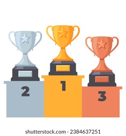 Gold, silver and bronze cups with stars for awarding. Minimalistic illustrations of the cups on the podium