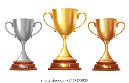 Gold, silver and bronze cups. Vector 3D illustration isolated on white background.