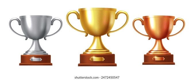 Gold, silver and bronze cups. Vector 3D illustration isolated on white background.