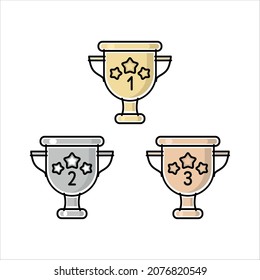 Copas de oro, plata y bronce del ganador para 1, 2, 3 premios. Imagen de color aislado con contorno negro. Ilustración del vector