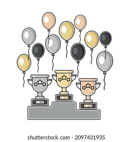 Gold, silver and bronze cups of the winner for 1, 2, 3 prizes and colorful balloons. Color isolated image with black outline. Vector illustration