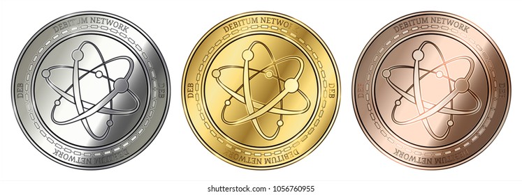 Gold, silver and bronze Debitum Network (DEB) cryptocurrency coin. Debitum Network (DEB) coin set.