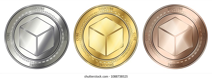 Gold, silver and bronze DigiCube (CUBE) cryptocurrency coin. DigiCube (CUBE) coin set.