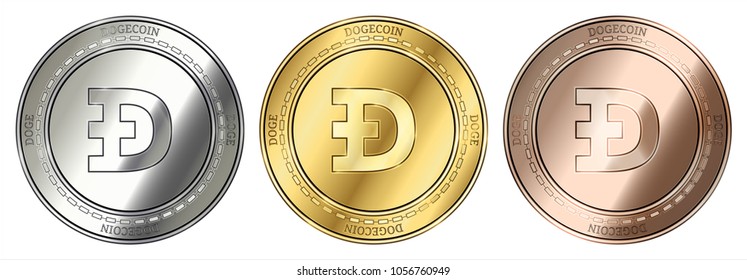 Gold, silver and bronze Dogecoin (DOGE) cryptocurrency coin. Dogecoin (DOGE) coin set. svg