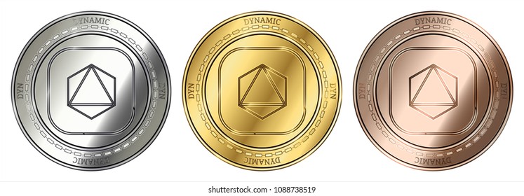 Gold, silver and bronze Dynamic (DYN) cryptocurrency coin. Dynamic (DYN) coin set.