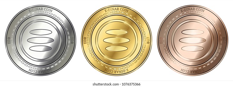 Gold, silver and bronze E-Dinar Coin (EDR) cryptocurrency coin. E-Dinar Coin (EDR) coin set.