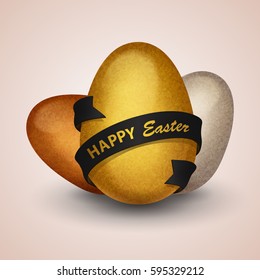 Gold, silver, bronze eggs with black ribbons and golden lettering Happy Easter. Vector illustration on pink background. Elements for icon, banner, cards, poster, holiday, party.