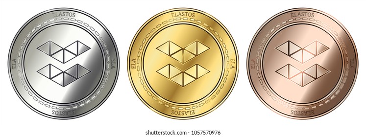 Gold, silver and bronze Elastos (ELA) cryptocurrency coin. Elastos (ELA) coin set.