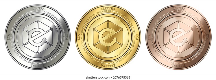 Gold, silver and bronze Electra (ECA) cryptocurrency coin. Electra (ECA) coin set.