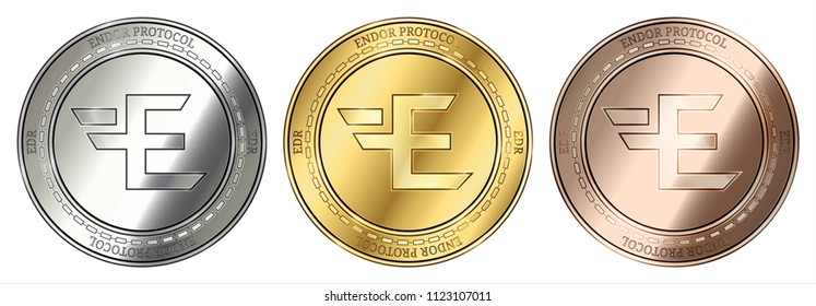 Gold, silver and bronze Endor Protocol (EDR) cryptocurrency coin. Endor Protocol (EDR) coin set.