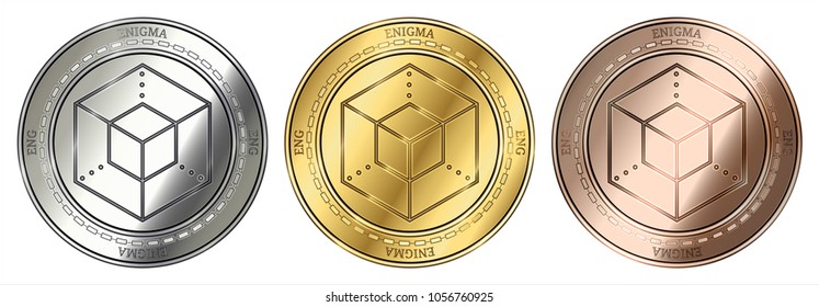 Gold, silver and bronze Enigma (ENG) cryptocurrency coin. Enigma (ENG) coin set.