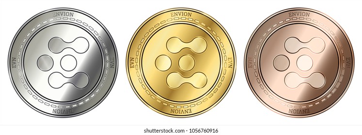 Gold, silver and bronze Envion (EVN) cryptocurrency coin. Envion (EVN) coin set.