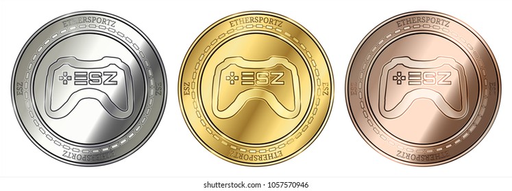 Gold, silver and bronze EtherSportz (ESZ) cryptocurrency coin. EtherSportz (ESZ) coin set.