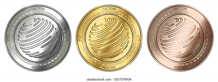 Gold, silver and bronze Factom (FCT) cryptocurrency coin. Factom (FCT) coin set.