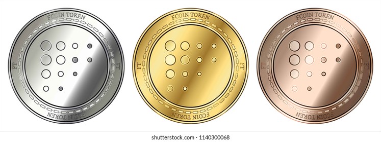 Gold, silver and bronze FCoin Token (FT) cryptocurrency coin. FCoin Token (FT) coin set.
