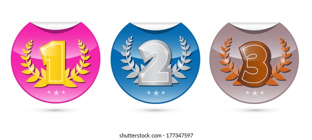 Gold, Silver, Bronze - First, Second and Third Place Vector Labels with Bent Edges Set
