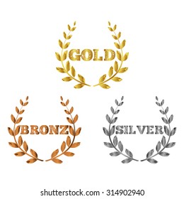 Gold silver bronze. First second Third. Laurel wreath. Olive wreath. Winner. Competition