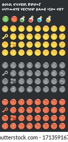 Gold, Silver, bronze Game asset vector icon set. Game element set.