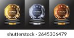 Gold, Silver, and Bronze Glass Trophy Set – Realistic Crystal Award Plaques with Laurel Wreath on Pedestal for Winner Prize and Achievement Recognition