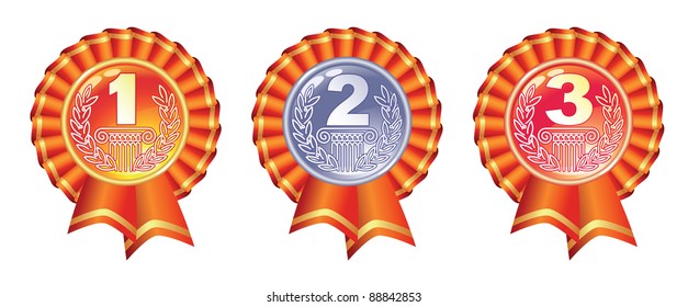 Gold, silver and bronze glossy medals with ribbons. Vector illustration.
