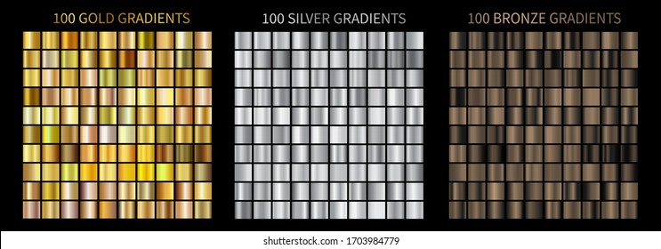 Gold, silver, bronze gradients. Collection of colorful gradient illustrations for backgrounds, cover, frame, ribbon, banner, coin, label, flyer, card, poster, ring etc. Vector template EPS10
