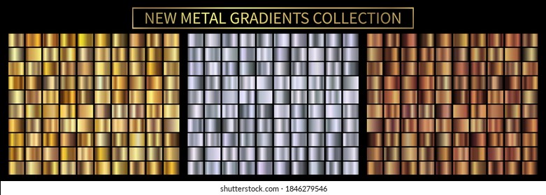 Gold, silver, bronze gradients. Collection of new colorful awards gradient illustrations for backgrounds, cover, frame, ribbon, banner, coin, label, flyer, card poster ring etc. Vector template EPS10