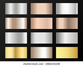 Gold, silver and bronze gradients vector mega set. Metallic gold, silver, steel, chrome, copper, bronze foil texture gradient swatch templates. Shiny metallic gradients collection for backgrounds.