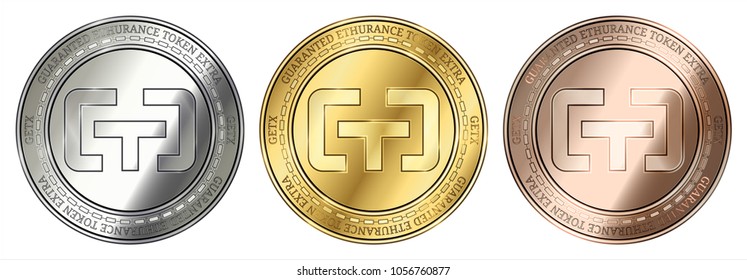 Gold, silver and bronze Guaranteed Ethurance Token Extra (GETX) cryptocurrency coin. Guaranteed Ethurance Token Extra (GETX) coin set.