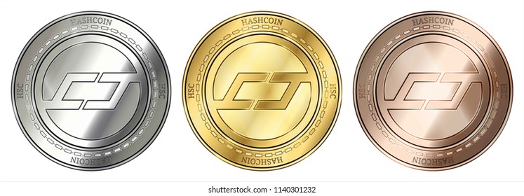 Gold, silver and bronze HashCoin (HSC) cryptocurrency coin. HashCoin (HSC) coin set.