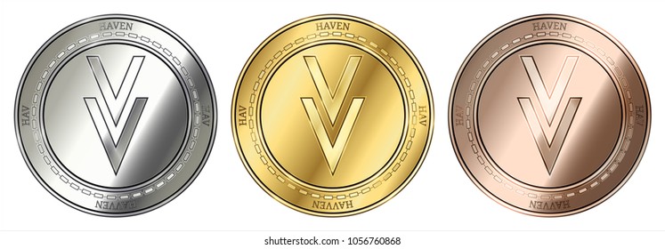 Gold, silver and bronze Havven (HAV) cryptocurrency coin. Havven (HAV) coin set.
