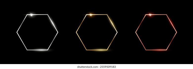 Gold, silver and bronze hexagon frames. Metal thin photo or picture frames isolated on black background. 3d realistic empty template vector illustration set. Simple object mockup.