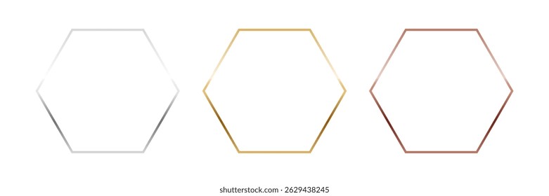 Gold, silver and bronze hexagon frames. Metal thin photo or picture frames isolated on transparent background. 3d realistic empty template vector illustration set.