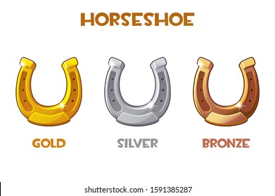 Gold, silver, bronze horseshoe on a white background. Set of different horseshoes for St. Patrick's Day.