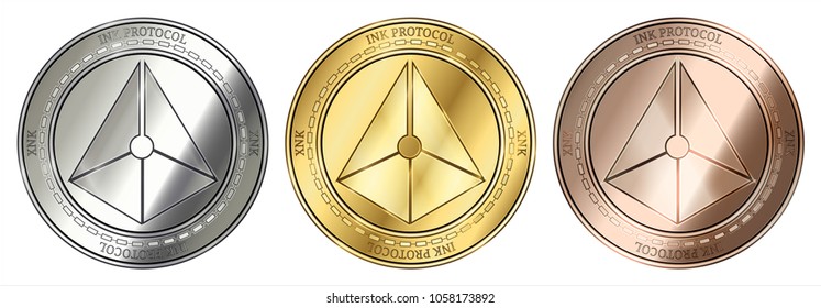 Gold, silver and bronze Ink Protocol (XNK) cryptocurrency coin. Ink Protocol (XNK) coin set.