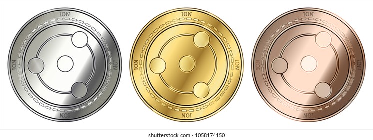 Gold, silver and bronze ION (ION) cryptocurrency coin. ION (ION) coin set.