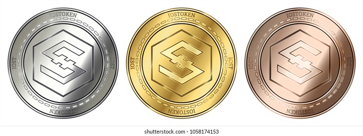 Gold, silver and bronze IOStoken (IOST) cryptocurrency coin. IOStoken (IOST) coin set.