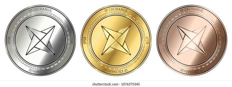 Gold, silver and bronze IP Exchange (IPSX) cryptocurrency coin. IP Exchange (IPSX) coin set.