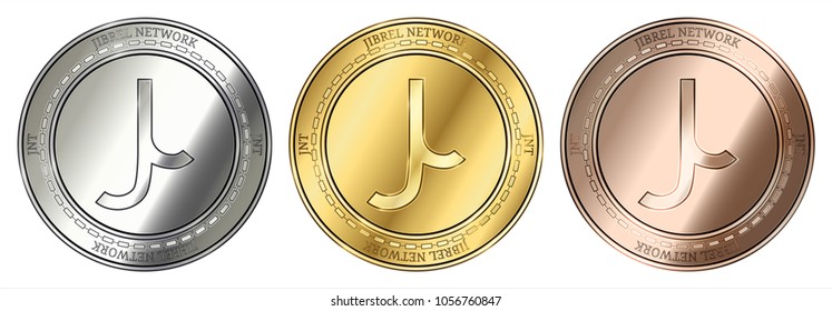 Gold, silver and bronze Jibrel Network (JNT) cryptocurrency coin. Jibrel Network (JNT) coin set.