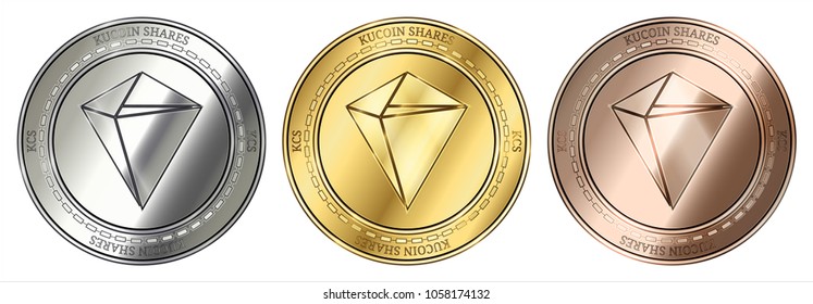 Gold, silver and bronze KuCoin Shares cryptocurrency coin. KuCoin Shares coin set.