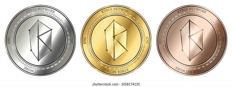 Gold, silver and bronze Kyber Network (KNC) cryptocurrency coin. Kyber Network (KNC) coin set.