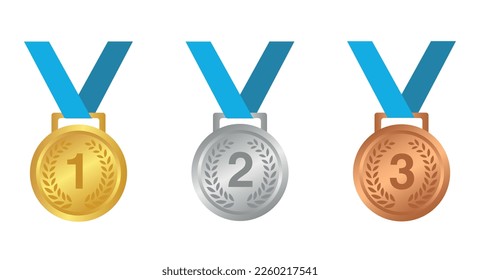 Gold , silver and bronze laurel sport medals with numbers , hanging on blue ribbon , isolated on white background , flat vector icons