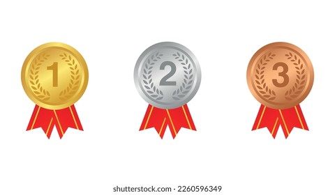 Gold , silver and bronze laurel sport medals with numbers on red ribbon , isolated on white background , flat vector icons