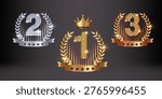 Gold Silver Bronze Laurel Wreath Set – First Second Third Place Winner Ribbons Award Podium Symbols Vector