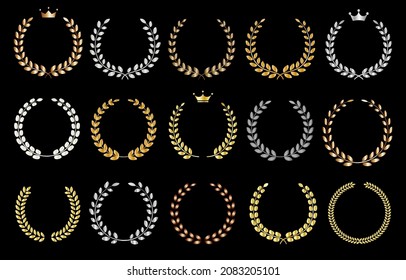 Gold, silver and bronze laurel wreath illustration set (Black background).Easy-to-use vector data.