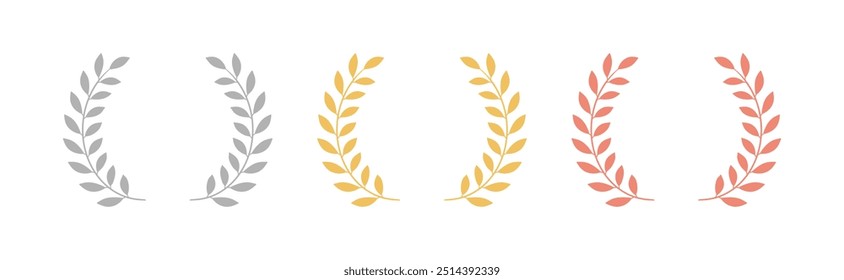 Gold silver bronze laurel wreath Olympic games medal award set on white background. Colorful leaf floral luxury champion emblem icon set. Vector illustration