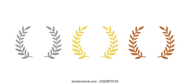 gold silver bronze laurel wreath medal award set. Colorful leaf floral luxury champion emblem icon set.