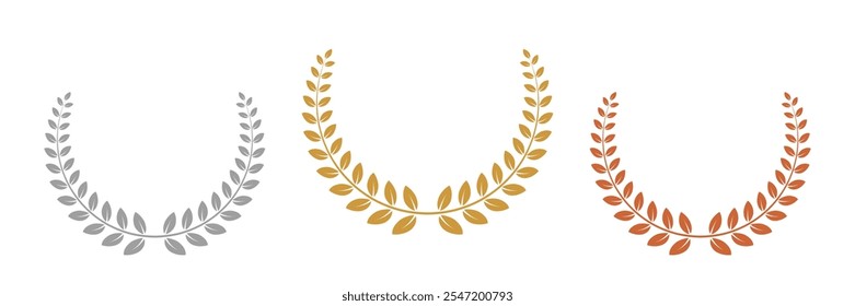 Gold, silver, bronze laurel wreaths. Winner medal award set vector illustration. Victory symbol, triumph emblem, champion prize isolated on transparent background.