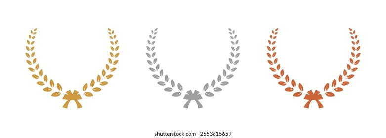 Gold, silver, bronze laurel wreaths. Winner medal award set vector illustration. Victory symbol, triumph emblem, champion prize isolated on transparent background.