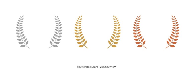 Gold, silver, bronze laurel wreaths. Winner medal award set vector illustration. Victory symbol, triumph emblem, champion prize isolated on transparent background.